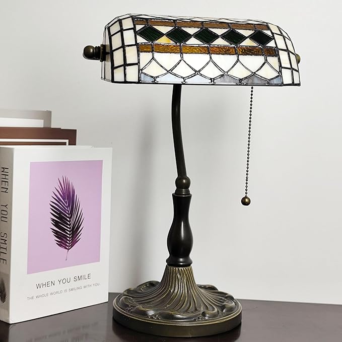 Small Tiffany Style Banker Table Lamp Small Stained Glass Piano Desk Lamp Vintage Bedside Lamp for Home Living Room Office (White-Green Checkered)
