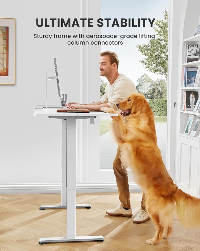 ErGear Height Adjustable Electric Standing Desk, 55 x 28 Inches Sit Stand up Desk, Large Memory Computer Home Office Desk with Two-Piece Desktop (White)