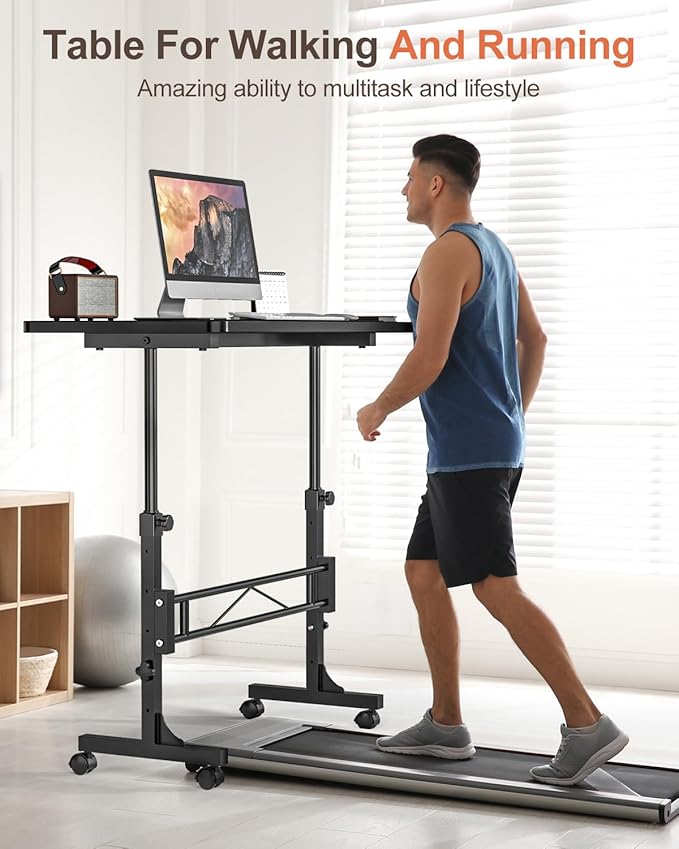 Small Standing Desk Adjustable Height, Mobile Stand Up Desk with Wheels, 32 Inch Portable Rolling Desks for Walking Pad Treadmill Black