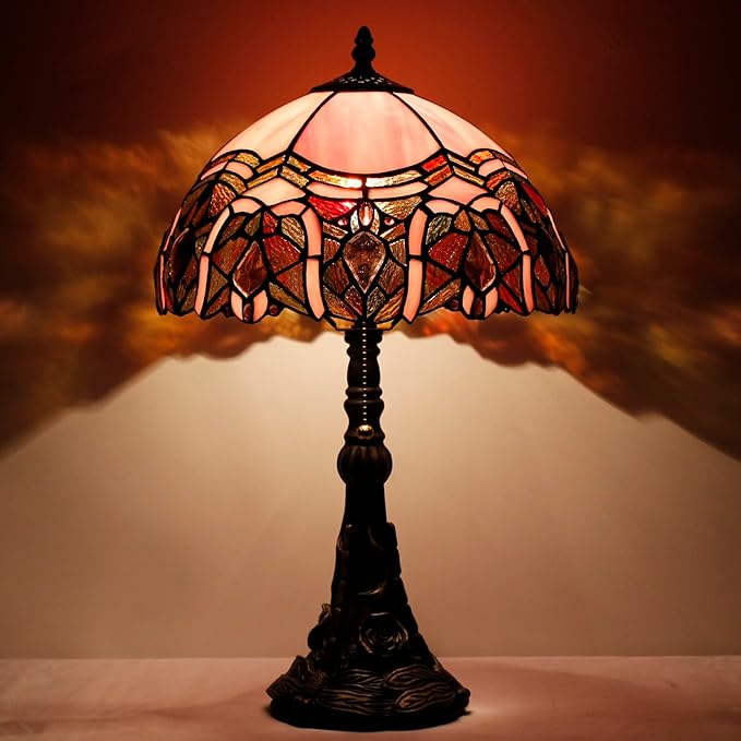 Tiffany Stained Glass Table Lamp 12X12X19 Inch Pink Jewelry Style Desk Bedroom Living Room Reading Light (Pink Bent)