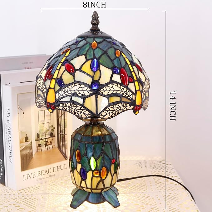 Small Tiffany Lamp Stained Glass Table Lamp Mini Mother Daughter Vase Desk Accent Night Light for Bedroom Bedside Reading Home Antique Style 8X14 Inches (Sea Blue Yellow)