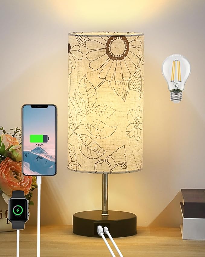 Touch Bedside Table Lamp with Bedroom, 3 Way Dimmable Desk lamp USB C Charging Ports and AC Outlet, Nightstand Lamp with Round Flower Fabric Shade for Living Room, Home Office