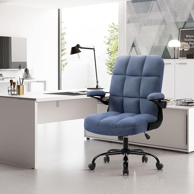 SEATZONE Blue Office Chair with Wheels,Ergonomic Home Office Computer Chair with Flip-up Armrest,Comfy Adjustable Rolling Chair Teddy Fleece