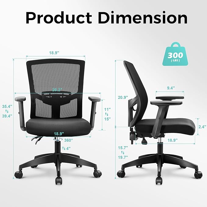 ALPHA HOME Office Chair Ergonomic, Mid Back Mesh Computer Chair with Lumbar Support Executive Stool with Adjustable Armrest & Seat Cushion, BIFMA & SGS Certified