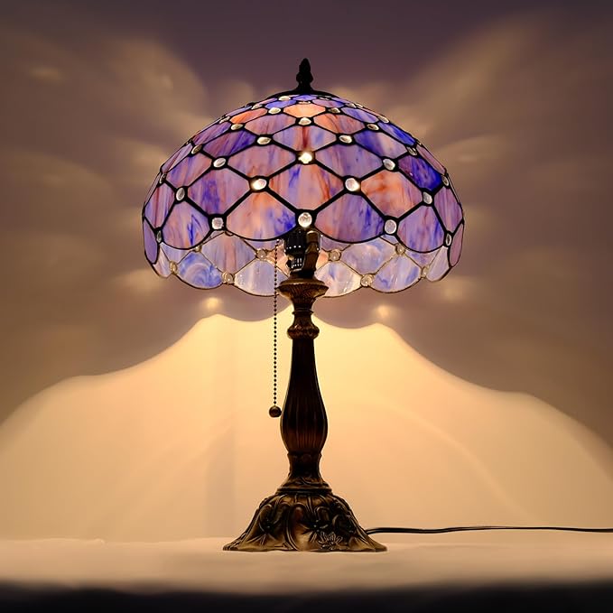 Tiffany Lamp Vintage Deep Blue Stained Glass Bead Table Lamp Desk Bedside Reading Light Decor Bedroom Living Room Home Office D12*H18 Inches