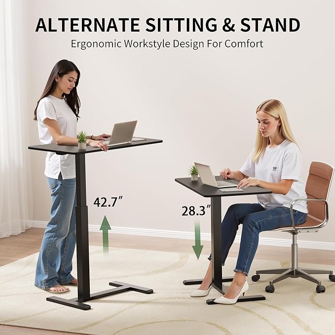 Mobile Overbed Standing Desk with Wheels,Rolling Desk Adjustable Height,Pneumatic Laptop Side Table for Couch,Home,Office,Small Sit Stand Computer Workstation Cart,Black