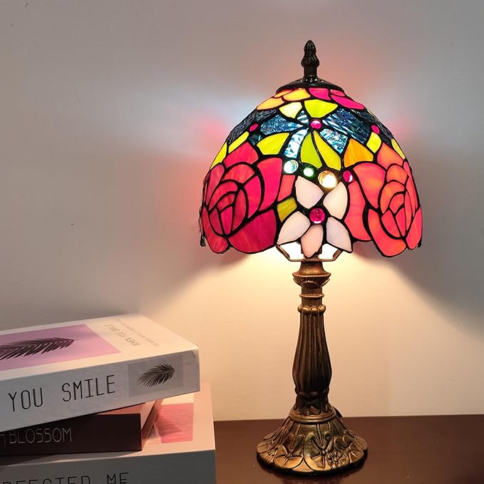 Small Tiffany Table Lamp 8 Inch Tiffany Style Desk Lamp Stained Glass Antique Light Decoration Bedroom Bedside Lamp Retro Reading Lamps (Red Roses Flowers Style)