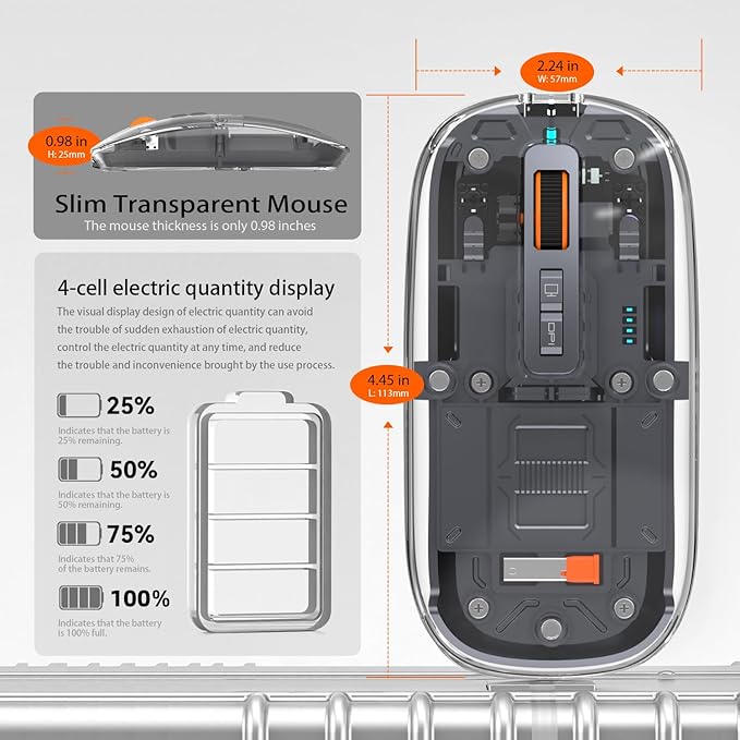 Sleek Transparent Magnetic Wireless Mouse - 3-Mode Connectivity (Dual Bluetooth + USB), DPI Adjust & One-Key Desktop Access, for MacBook/pc/iPad/Laptop (Grey)
