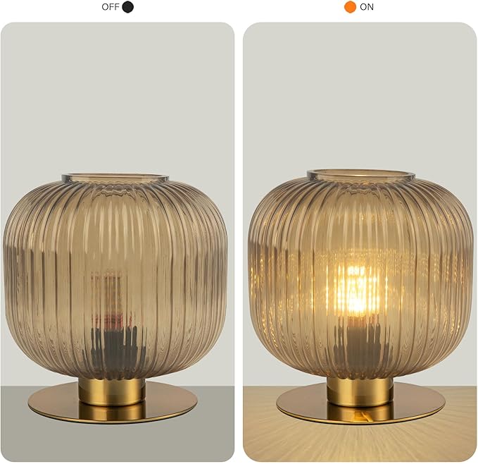 Ribbed Glass Table Lamp, Mid Century Modern Gold Bedside Lamp Brass Desk Lamp for Bedroom Nightstand Living Room Study Office (7.9-inch Smoke Gray)