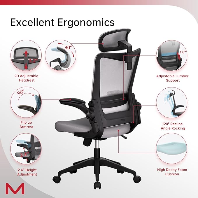 C6 Ergonomic Office Chairs with Adjustable Lumbar,Computer Desk Chair, Home Office Chair with Heardrest, Comfortable Study Chair with Armrest