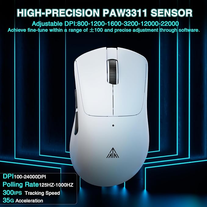 SOLAKAKA SM805 Lightweight Wireless Gaming Mouse,24000 DPI,Tri-Modes Connection,BT5.0/Type-C Wired/2.4G Wireless Mouse Gaming with 2 Side Buttons, Engineering Grip Custom Mouse for Gamer,White