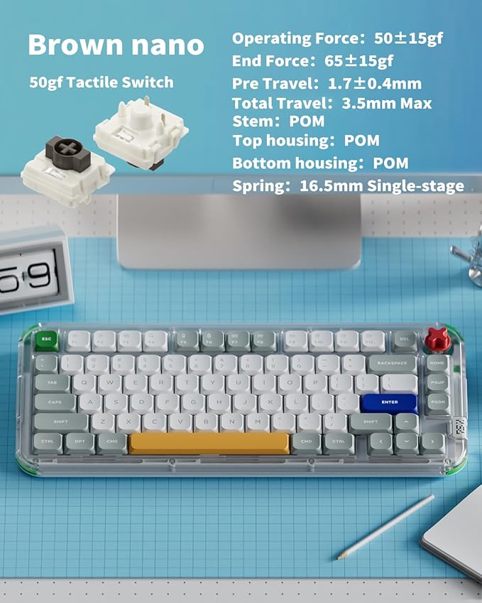 nuphy Kick75 Low Profile Keyboard with Volume Knob,75% Hot Swappable Custom Wireless Mechanical Keyboard,80 Keys RGB Backlit with PBT Keycaps,BT/2.4G/USB-C (Brown Nano Switch)