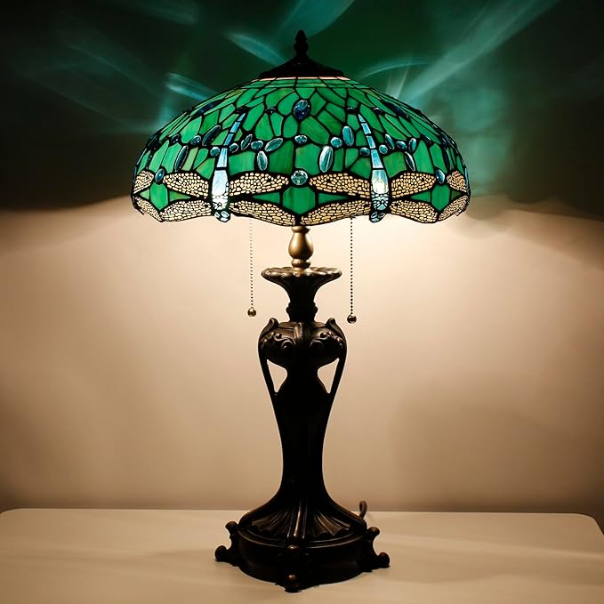 Tiffany Stained Glass Table Lamp 16X16X24 Inch Green Dragonfly Style Desk Bedroom Living Room Antique Reading Light (Green Dragonfly)