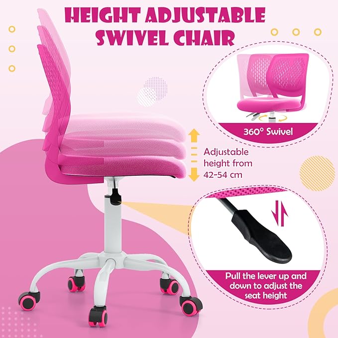 POWERSTONE Small Desk Chair with Wheels Home Office Chair Mid Back Armless Computer Task Chair Adjustable Swivel Rolling Chair for Small Space Pink