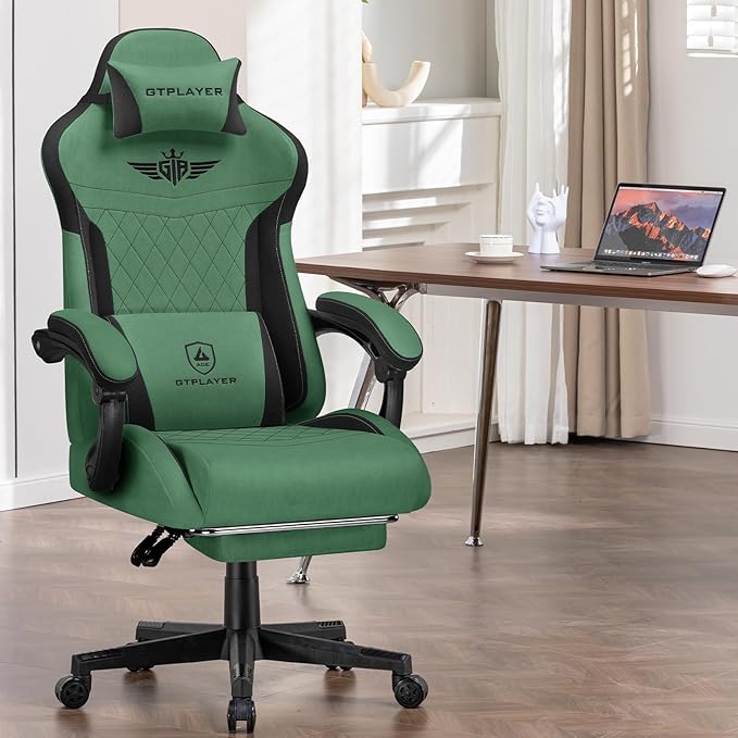 GTPLAYER Gaming Chair, Video Game Chairs with Footrest and Lumbar Support, Computer Chair for Adults with Extended Backrest, Ergonomic Reclining Silla Gamer, Fabric, Green