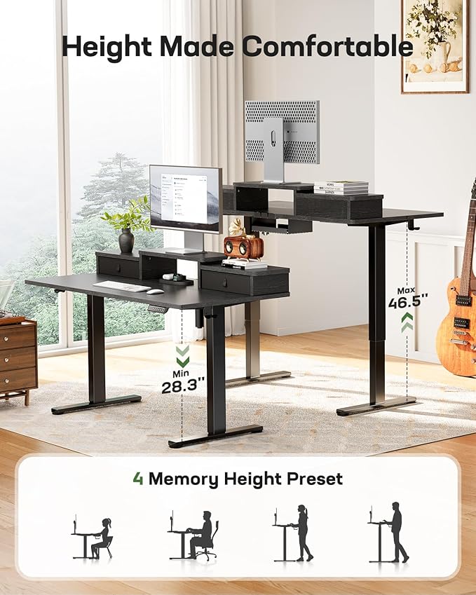 Marsail Electric Standing Desk with Drawers, 55″ x 28″ Height Adjustable Sit Stand Up Desk with Storage Shelf, Ergonomic Home Office & Computer Table with 4 Memory Heights, Black