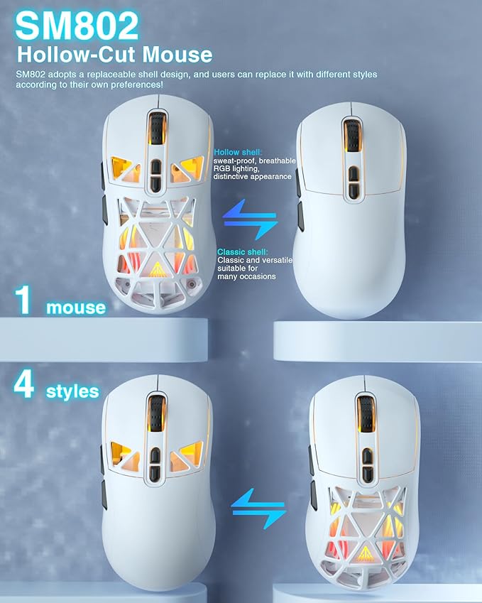 SOLAKAKA SM802 White Wireless Gaming Mouse,10000 DPI,Tri-Mode Wired/BT 5.0/2.4GHz Wireless Mouse Gaming with Side Button,RGB Programmable Macro Mouse for Laptop