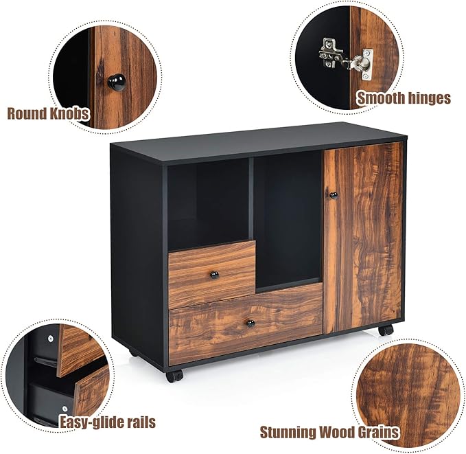 Giantex Mobile Filing Cabinet 2 Drawers, Large Storage Cabinet, Printer Stand on Wheels, Wood Lateral Industrial File Organizer with Open Shelves for Home and Office Use(Black+Brown, 4 Wheels)
