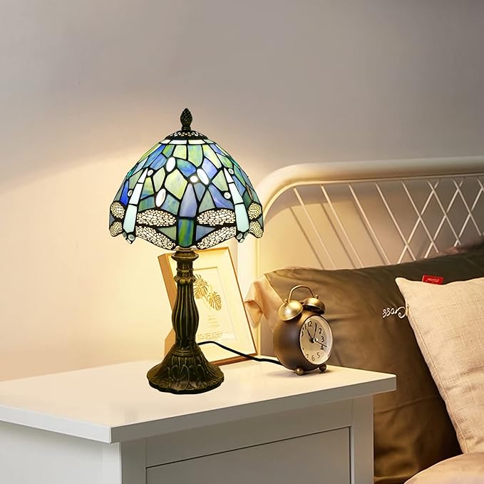 Tiffany Lamp Sea Blue Stained Glass Table Lamp 8X8X15 Inches Dragonfly Style Desk Reading Light Decor Beside Table Lamp for Bedroom Living Room Home Office