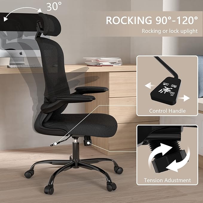 Office Chair, High Back Ergonomic Desk Chair, Breathable Mesh Desk Chair with Adjustable Lumbar Support and Headrest, Swivel Task Chair with flip-up Armrests, Executive Chair for Home Office