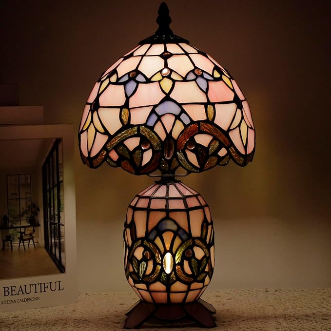 Small Tiffany Lamp Stained Glass Table Lamp Mini Mother Daughter Vase Desk Accent Light for Bedroom Bedside Reading Home Antique Style Decor 8X14 Inches (Pink Baroque)