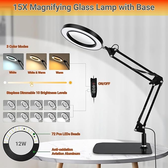 15X Magnifying Glass with Light – Real Glass Lens, 72 LEDs, 3 Color Modes Stepless Dimmable, Adjustable Swing Arm with Clamp and Base, Hands-Free Magnifier for Crafts, Reading, Repair, Close Work