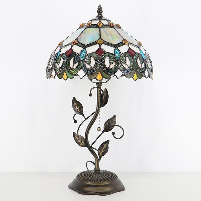 Tiffany Table Lamp, Stained Glass Style Desk Lamp, 12X12X19 Inch,Bedside Reading Light, Metal Leaf Base (Seven Color Baroque)