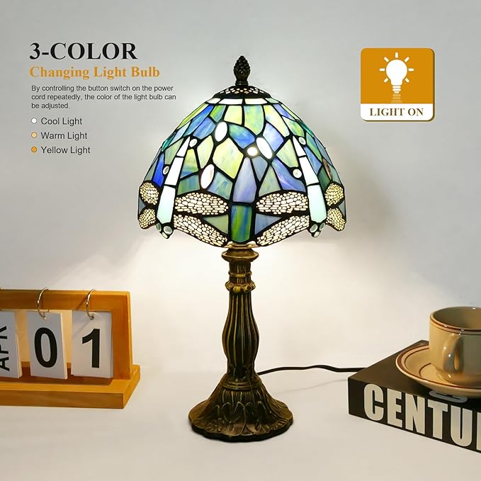 Tiffany Lamp Sea Blue Stained Glass Table Lamp 8X8X15 Inches Dragonfly Style Desk Reading Light Decor Beside Table Lamp for Bedroom Living Room Home Office