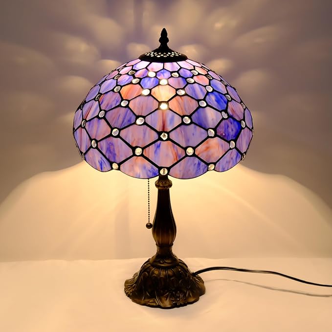 Tiffany Lamp Vintage Deep Blue Stained Glass Bead Table Lamp Desk Bedside Reading Light Decor Bedroom Living Room Home Office D12*H18 Inches