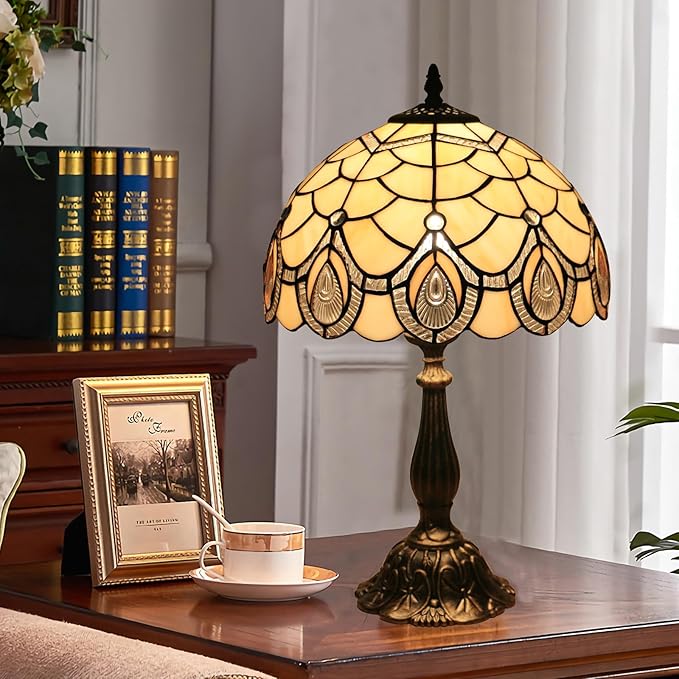 Tiffany Style End Side Table Lamps, Modern Bedside Nightstand Stained Glass with Crystal Large Farmhouse Table Lamp for Bedroom,Living Room Home Office Desk Lamp+LED Bulb,12X12X20INCH