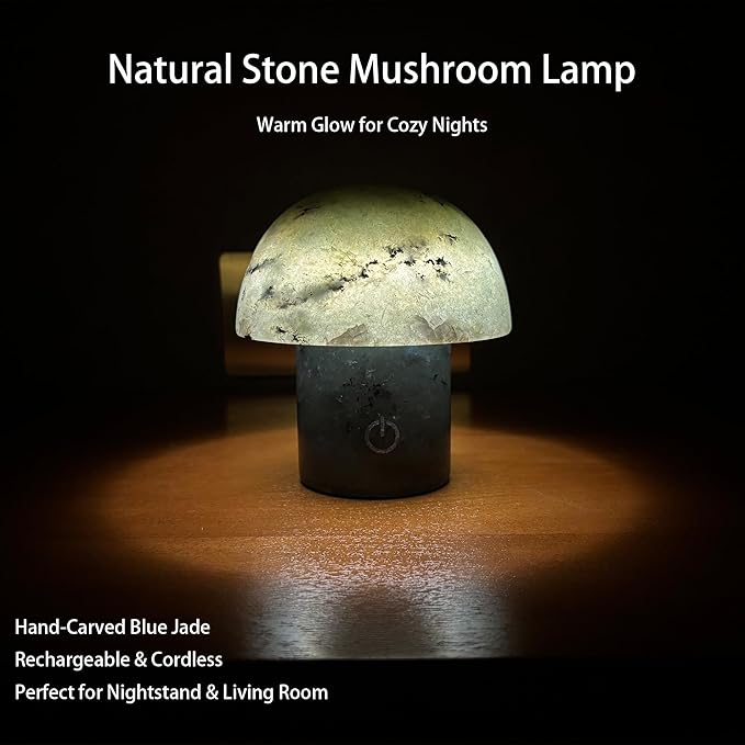 Handcrafted Onyx Mushroom Lamp - 4.3" x 4.7" Natural Marble Stone Night Light with 3-Level Brightness, Rechargeable Touch LED Accent Light for Bedroom, Office, Gift