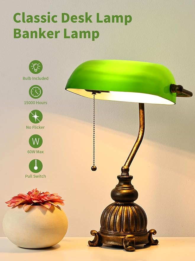 Newrays Retro Green Glass Bankers Desk Lamp for Home Office,Library with Pull Chain Switch Plug in Fixture, LED Bulb Included