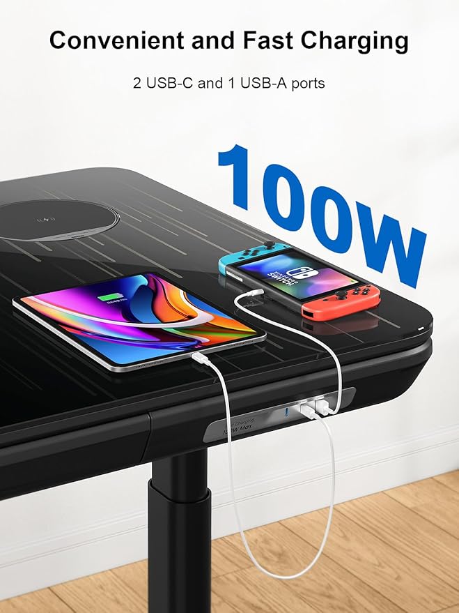 Smart Executive Electric Standing Desk, Wireless Charging, with Storage Drawer, Hidden Power Strip, Galaxy Glass