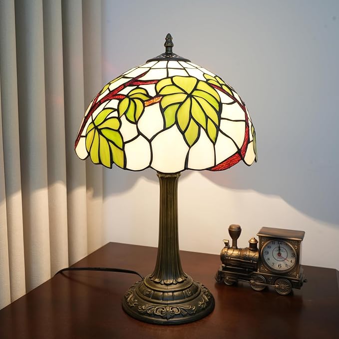 Tiffany Lamp Stained Glass Table Lamp 12 Inch Green Grape Leaf Tiffany Style Vintage Nouveau Lamp For Bedroom Living Room Study Coffee Shop Hotel Nightstand Desk Retro Light Home Decor Art Piece Gift