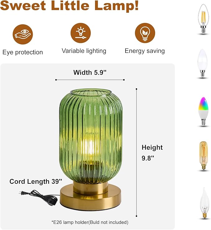 Modern Green Ribbed Glass Table Lamps Mid Century Bedside Light Small Nightstand Lamp with Plug-in Style, E26 Night Lighting for Bedroom Living Room Tabletop