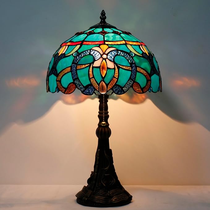 Tiffany Stained Glass Table Lamp 12X12X19 Inch Green Brown Jewelry Baroque Style Desk Bedroom Living Room Reading Light (Green Baroque)