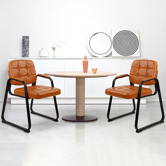 CLATINA Office Guest Chair, Leather Reception Chairs with Padded Arms, Desk Chair No Wheels Stationary for Conference Lobby Waiting Room Training Side Elderly, Set of 6-Orange