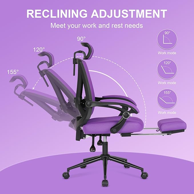 Misolant Ergonomic Office Chair with Footrest, Purple Desk Chair with Adjustable 2D Lumbar Support, High Back Mesh Ergonomic Computer Chairs with Adjustable Headrest for Home