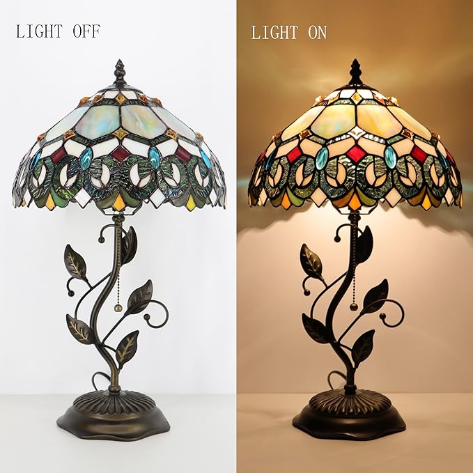 Tiffany Table Lamp, Stained Glass Style Desk Lamp, 12X12X19 Inch,Bedside Reading Light, Metal Leaf Base (Seven Color Baroque)