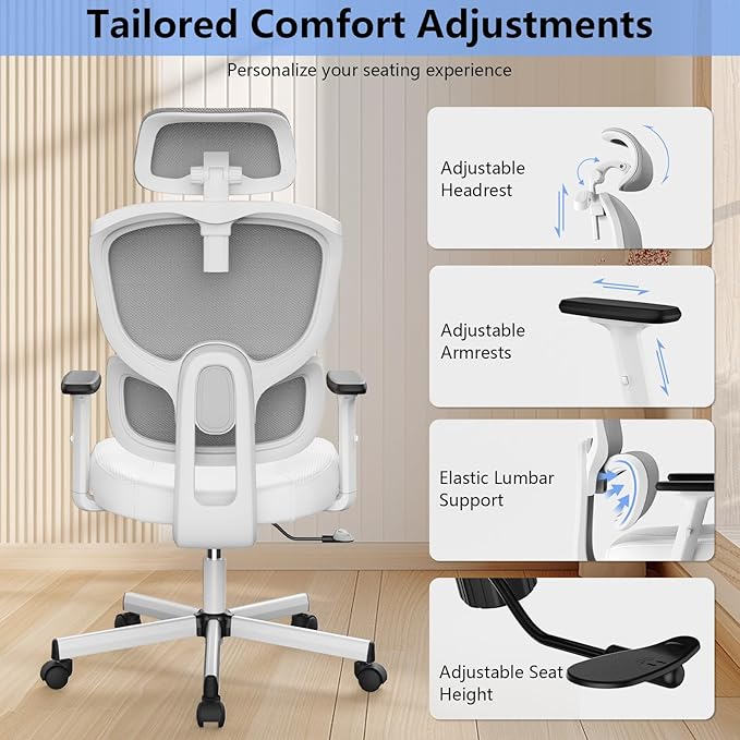 Office Chair, Ergonomic Desk Chair, High Back Desk Chair, Big and Tall Reclining Comfy Home Office Chair with Lumbar Support Breathable Mesh Computer Chair Adjustable Armrests