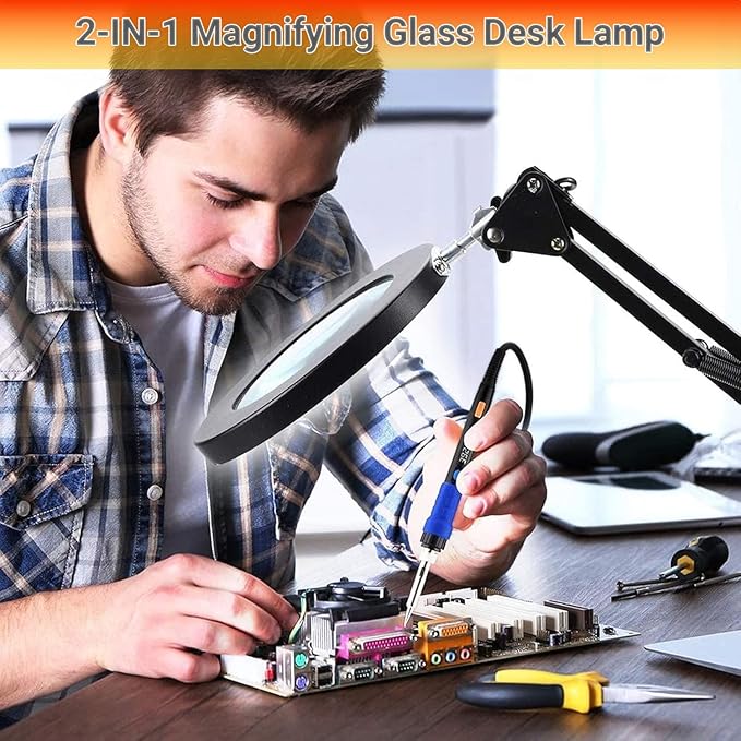 15X Magnifying Glass with Light – Real Glass Lens, 72 LEDs, 3 Color Modes Stepless Dimmable, Adjustable Swing Arm with Clamp and Base, Hands-Free Magnifier for Crafts, Reading, Repair, Close Work