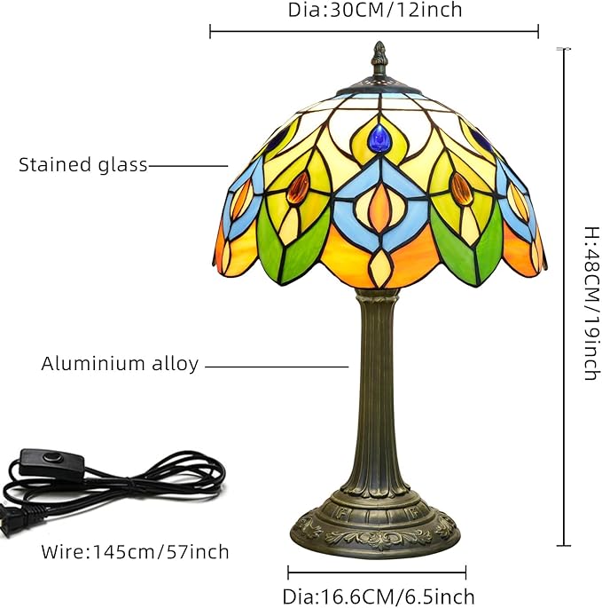Tiffany Lamp Stained Glass Table Lamp 12-Inch Green Peacock Feather Living Room Bedside Table Coffee Shop Dormitory Home Office Decoration Tiffany Style Retro Luxury Decoration Gift (Orange lamp)