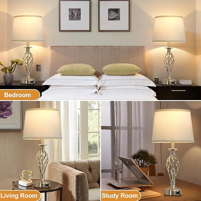 Table Lamp for Bedroom Set of 2 with USB C+A Ports, Modern Bedside Lamps with Spiral Cage Base, White Fabric Shade, Nightstand Lamp for Living Room Reading Bed Side End Table, 2 LED Bulbs Included