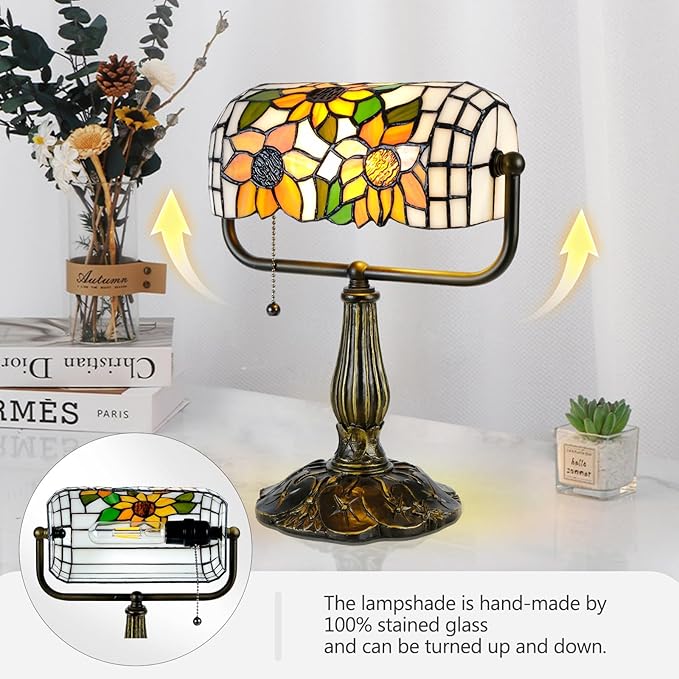 Tiffany Bankers Desk Lamp,Sunflower Stained Glass Piano Light with LED Bulb, Vintage Tiffany Style Desk Lamp for Office, Study, or Joyful Home Décor.