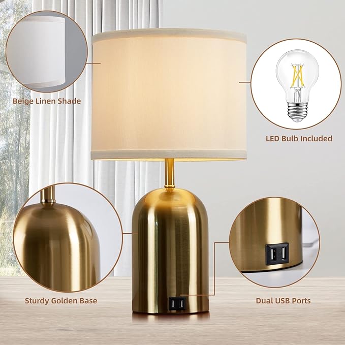 GyroVu Touch Control Table Lamps Set of 2, Gold Bedside Table Lamps for Bedroom Living Room Office, Modern 3 Way Dimmable Desk Lamp for Nightstand with 2 USB Charging Ports, 2 Bulbs Included