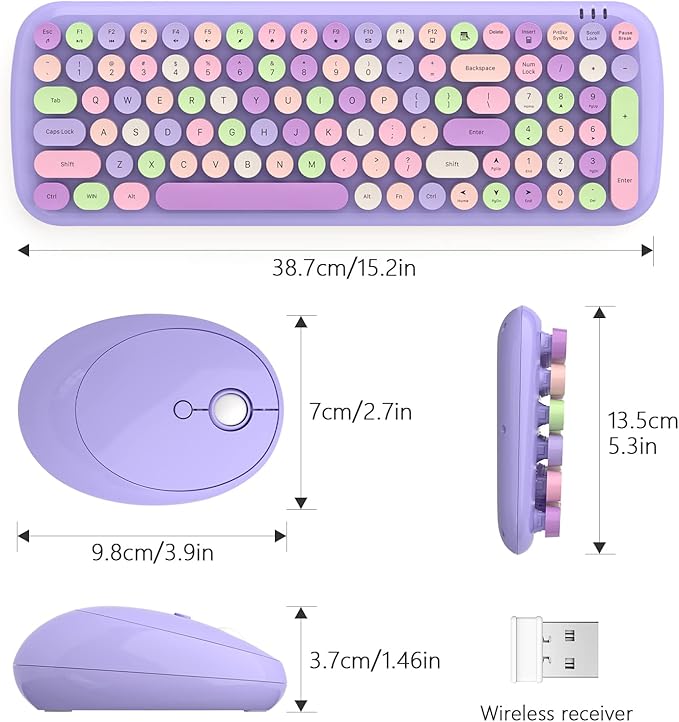 Wireless Keyboard and Mouse Combo - GEEZER Lilac Purple Round Keycap Keyboard 100 Keys - USB 2.4G Receiver Plug Play Typewriter Keyboards for Windows, PC, Laptop, Desktop