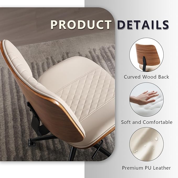 Home Office Chair No Arms with Wheels, Adjustable Height Small Desk Chair, PU Leather Mid Back 360 Swivel Computer Chair, Armless Modern Walnut Chair for Office, Reading Meeting Room(Beige)