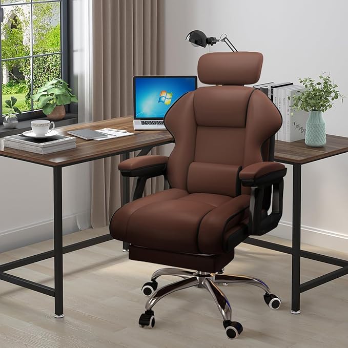 Executive Computer Chair Home Office Desk Chair,Adjustable Angle, Ergonomic Adjustable Height PU Leather Chairs with Cushions Armrest for Long Time Seating-High Office Chair with Footrest