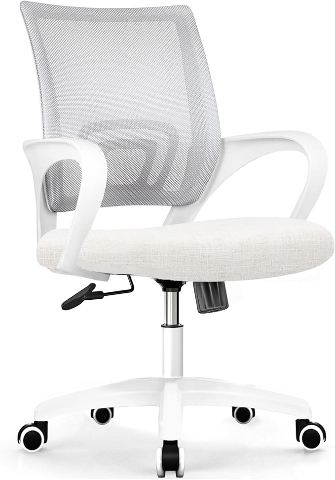Office Chair with Ergonomic Mid Back Cushion Lumbar Support Adjustable Swivel Rolling Computer Gaming Desk Chair Comfy Mesh Seat Wheels Home Executive Use (1, Ivory)