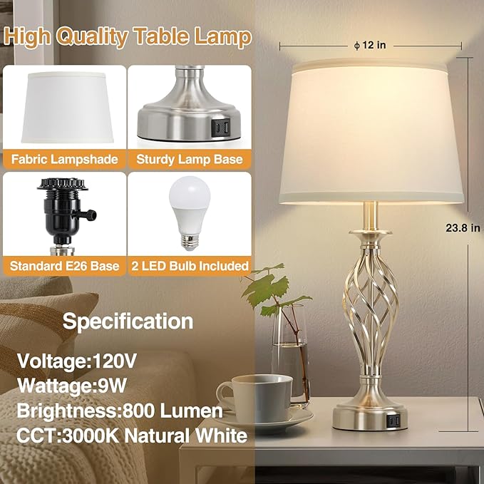 Table Lamp for Bedroom Set of 2 with USB C+A Ports, Modern Bedside Lamps with Spiral Cage Base, White Fabric Shade, Nightstand Lamp for Living Room Reading Bed Side End Table, 2 LED Bulbs Included